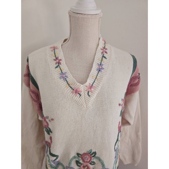 Russ Studio Floral Knit Cotton Cottagecore V-Neck Vintage 80s 90s Sweater M - Picture 2 of 11